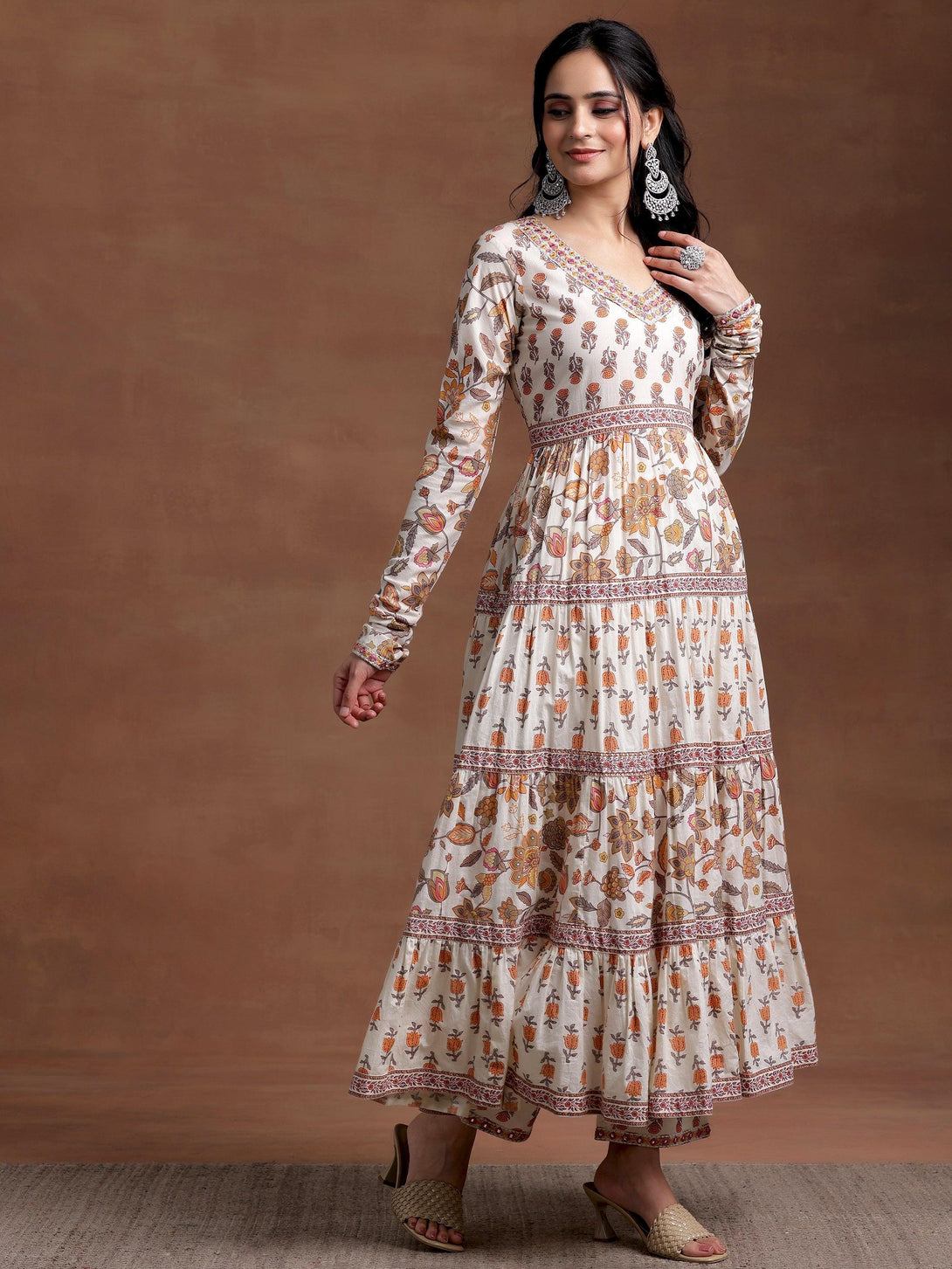 Off white Printed Cotton A-Line Kurta With Palazzos & Dupatta - Jashvi