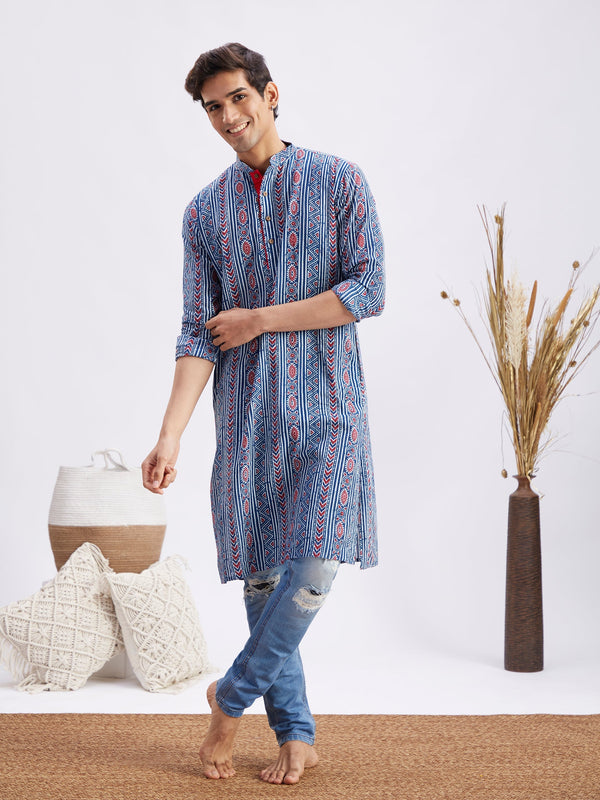 Jashvi Men's Indigo Printed cotton Kurta with White Pant set