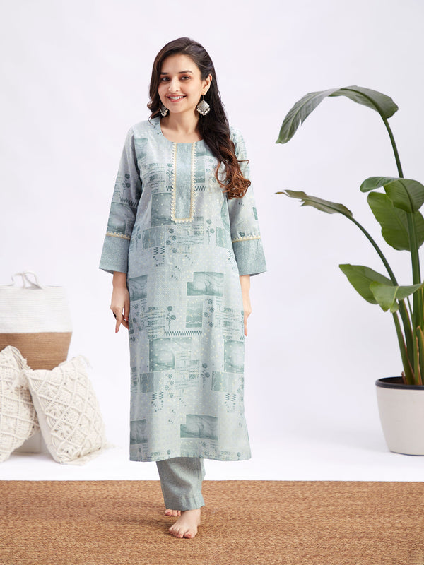 Jashvi Women's Aqua Blue Printed Cotton Kurta Pant Set