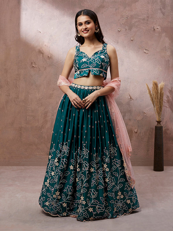 Women's Teal Georgette Sequins Embroidery Ready To Wear  Lehenga Choli & Dupatta - Royal Dwells