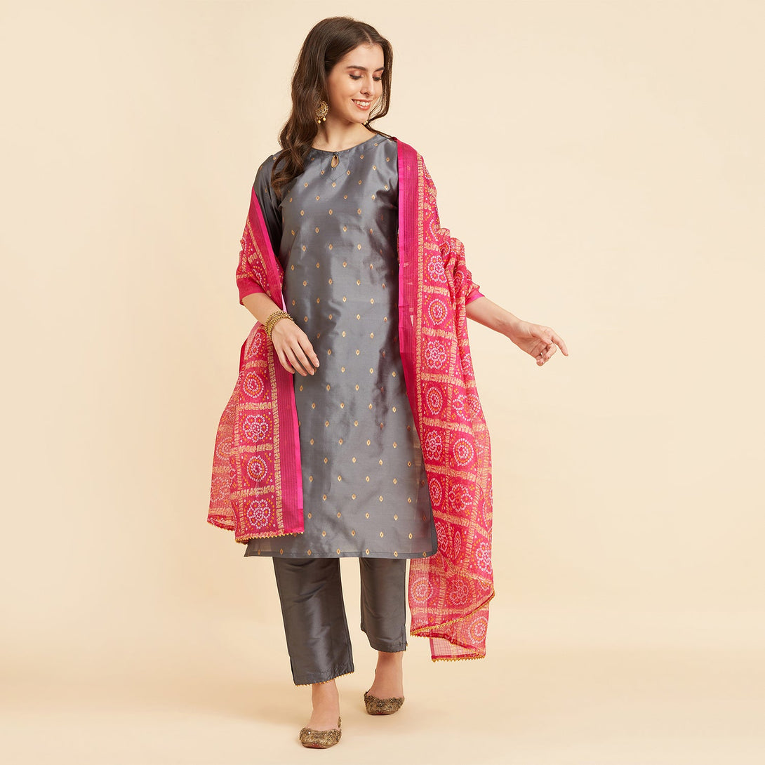 Women's Grey Straight Calf Length Kurta With Palazzo & Dupatta Set - Azira