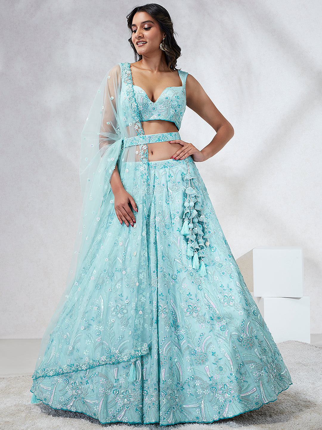 Women's Turquois Blue Georgette Sequins And Thread Embroidery  Lehenga Choli & Dupatta - Royal Dwells