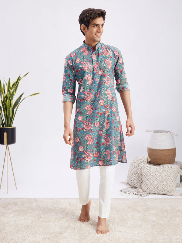 Jashvi Men's Blue And Red Floral Printed Cotton Kurta with White Pant Set