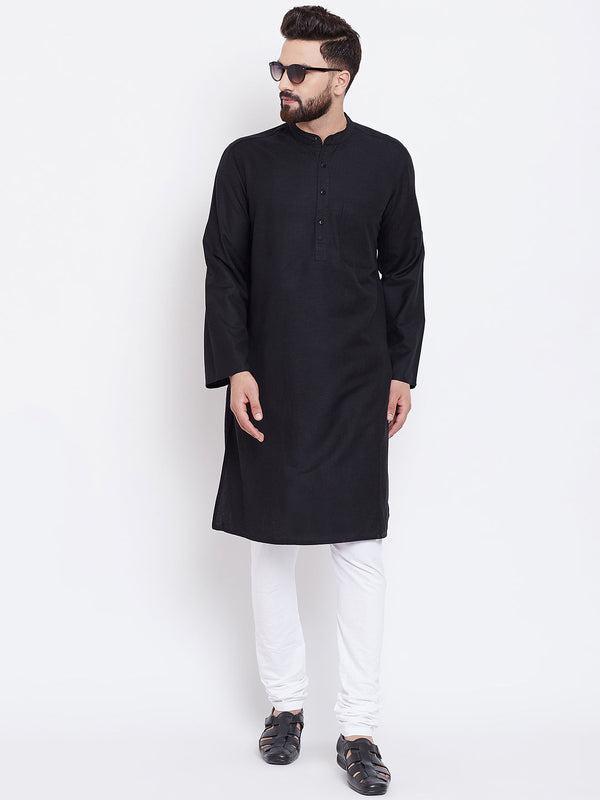 Men's Solid Black Linen Kurta - Even Apparels