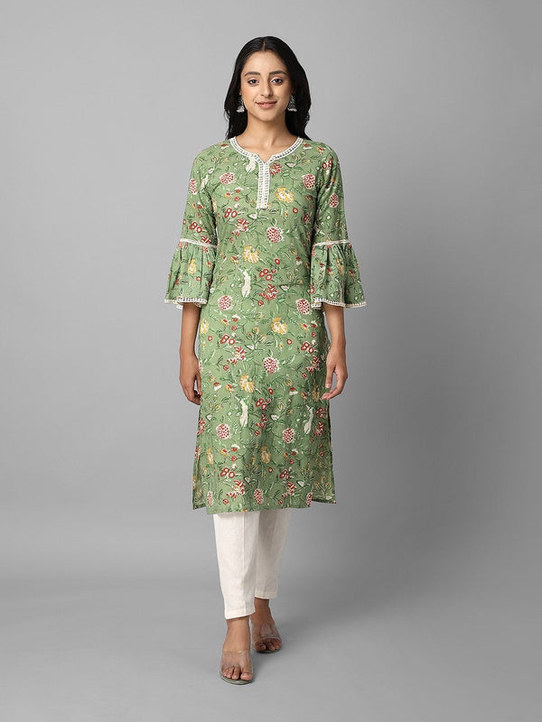 Women's Green Floral Side Slit Straight Kurta - Azira