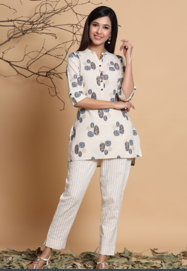 Women's Natural Cotton Flex Printed High-Low Kurti Pant Set - Juniper