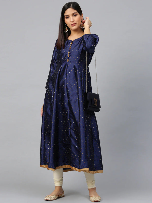 Navy blue and golden woven design anarkali kurta,