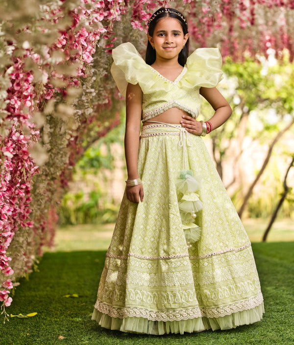 Girl's Green Embroidery Lehenga Choli - Fayon Kids