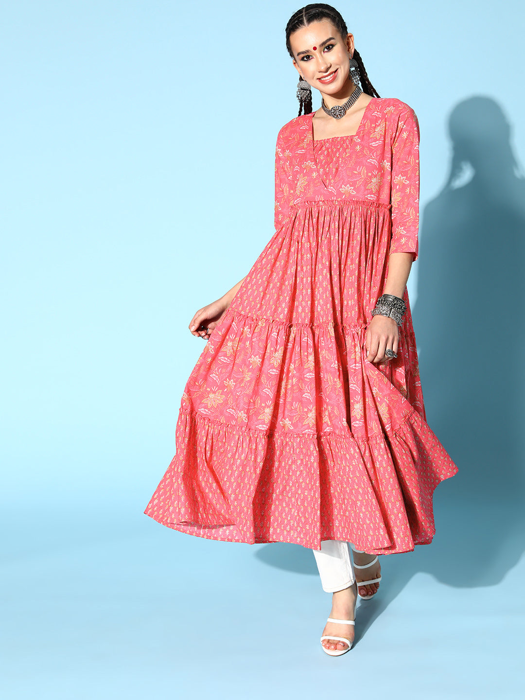 Women's Cotton Printed Tiered Dress (Pink) -