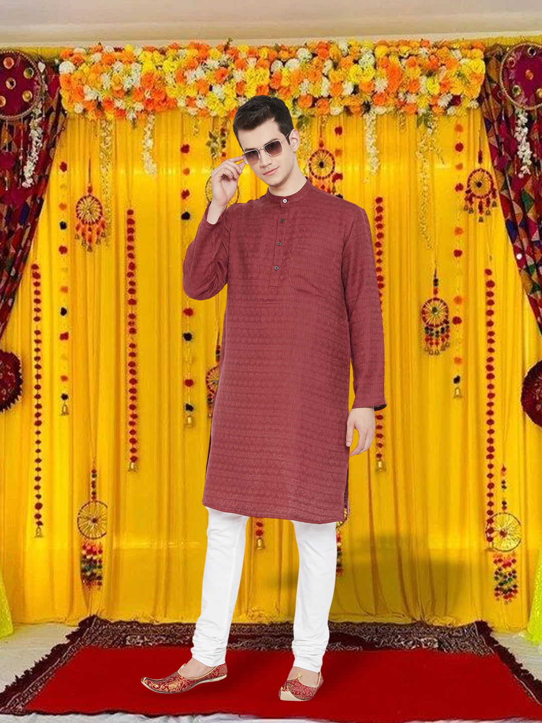 Men's Maroon Emboided Kurta - Even Apparels