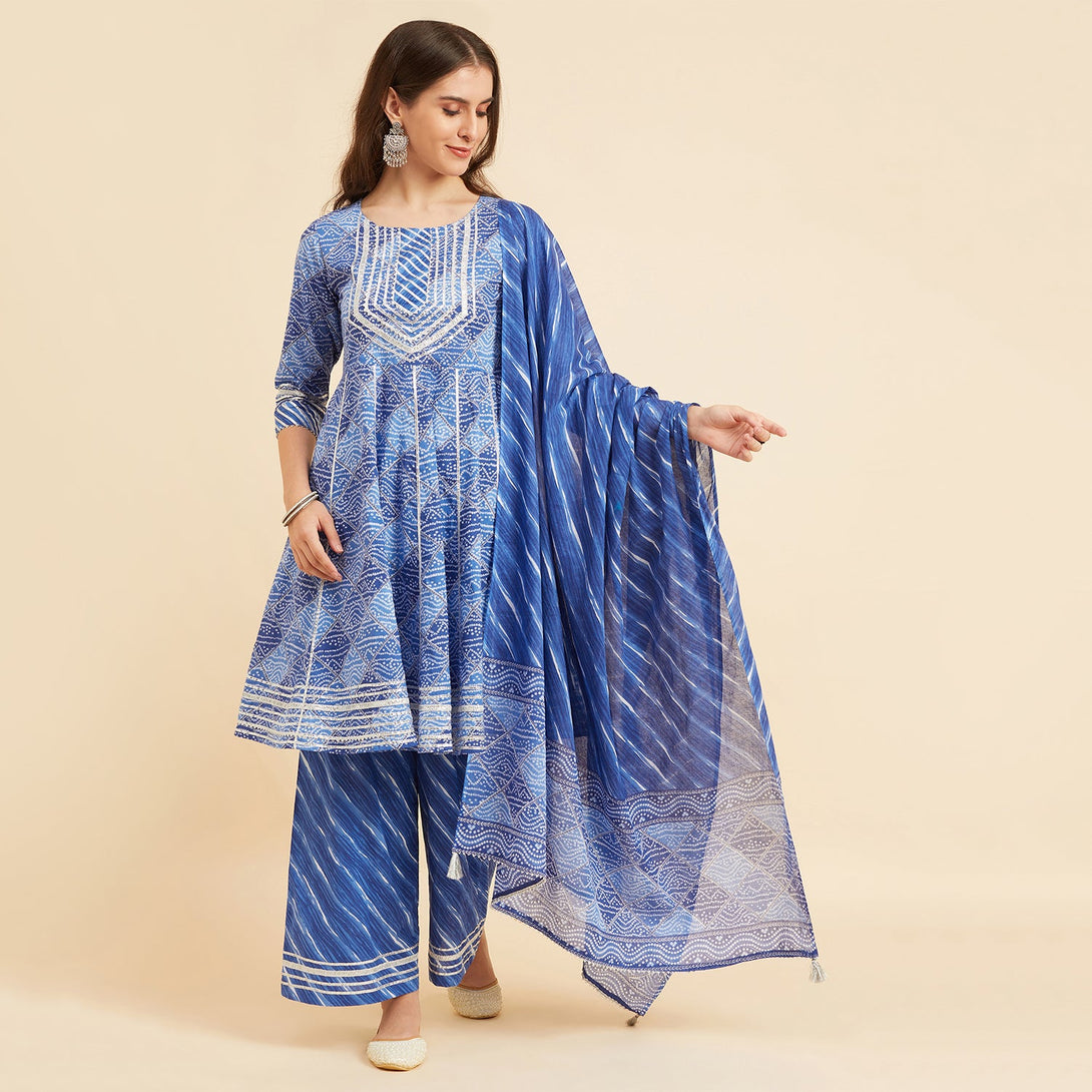 Women's Blue Cotton Flared Kurta With Palazzo & Dupatta Sharara Set - Azira