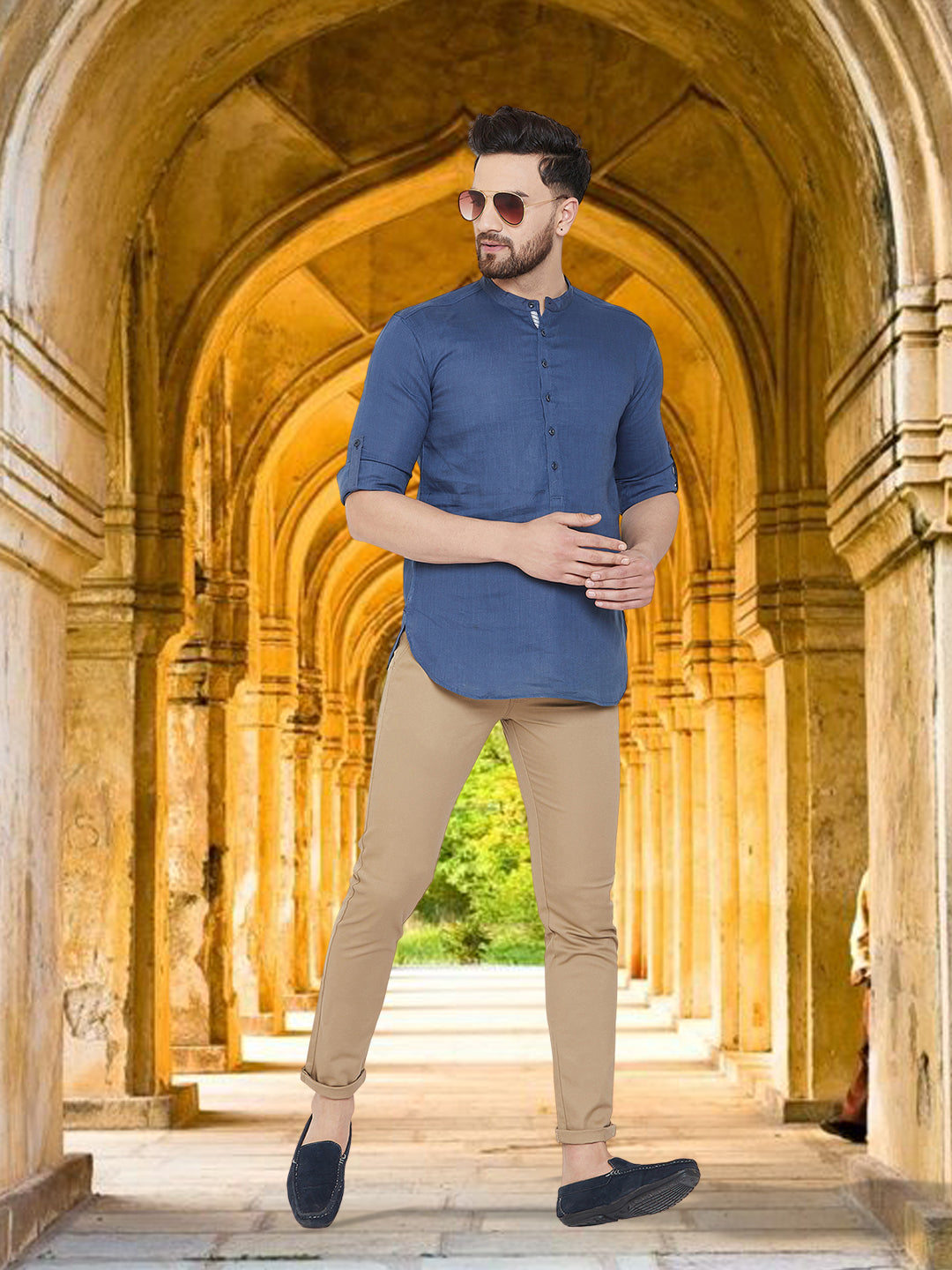 Men's Linen Navy Blue Kurta - Even Apparels