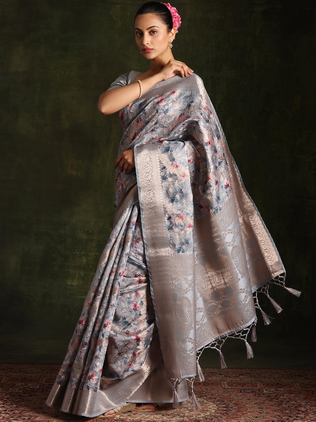 Grey Woven Design Brocade Saree With Unstitched Blouse Piece - Jashvi