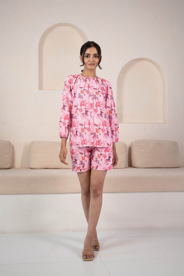 Pink Floral Print Night Suit Set For Women By Saras The Label- 2Pc Set