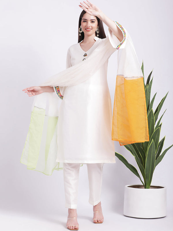 Women's Off-White Kurti With Straight Pants And Tricolour Dupatta - Anokherang