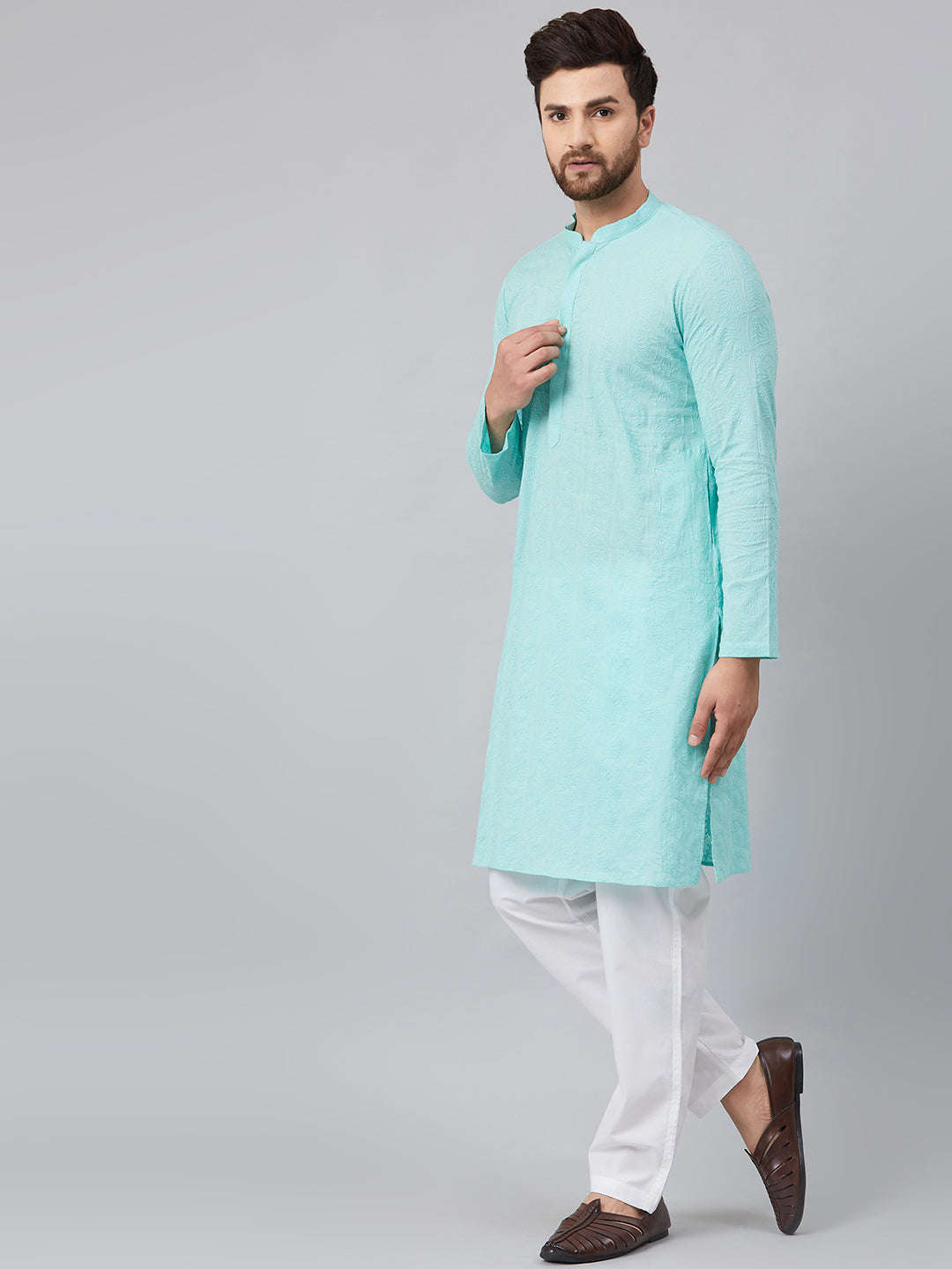 Men's Lime Green Green Chikankari Embroidered Woven Design Straight Kurta - See Designs