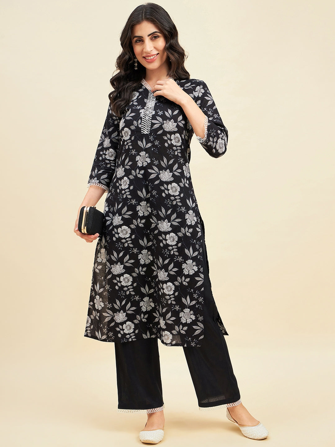 Women's Black Cotton Straight Calf Length Kurta With Palazzo Set - Azira