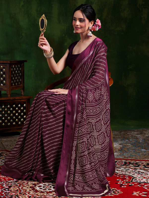 Maroon Printed Satin Saree With Unstitched Blouse Piece