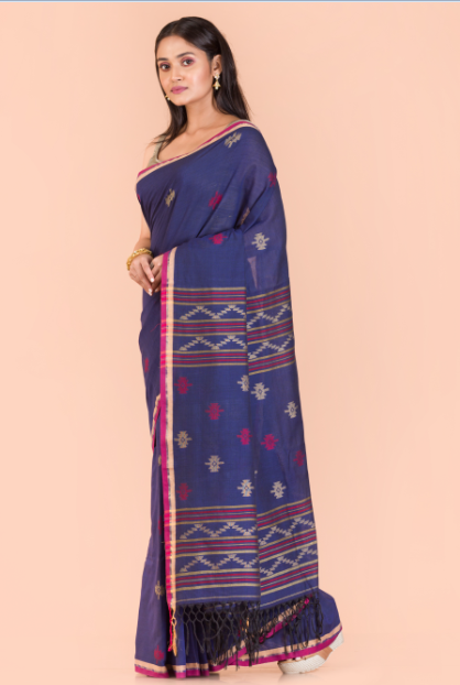 Women's Navy blue cotton jamdani saree - Angoshobha