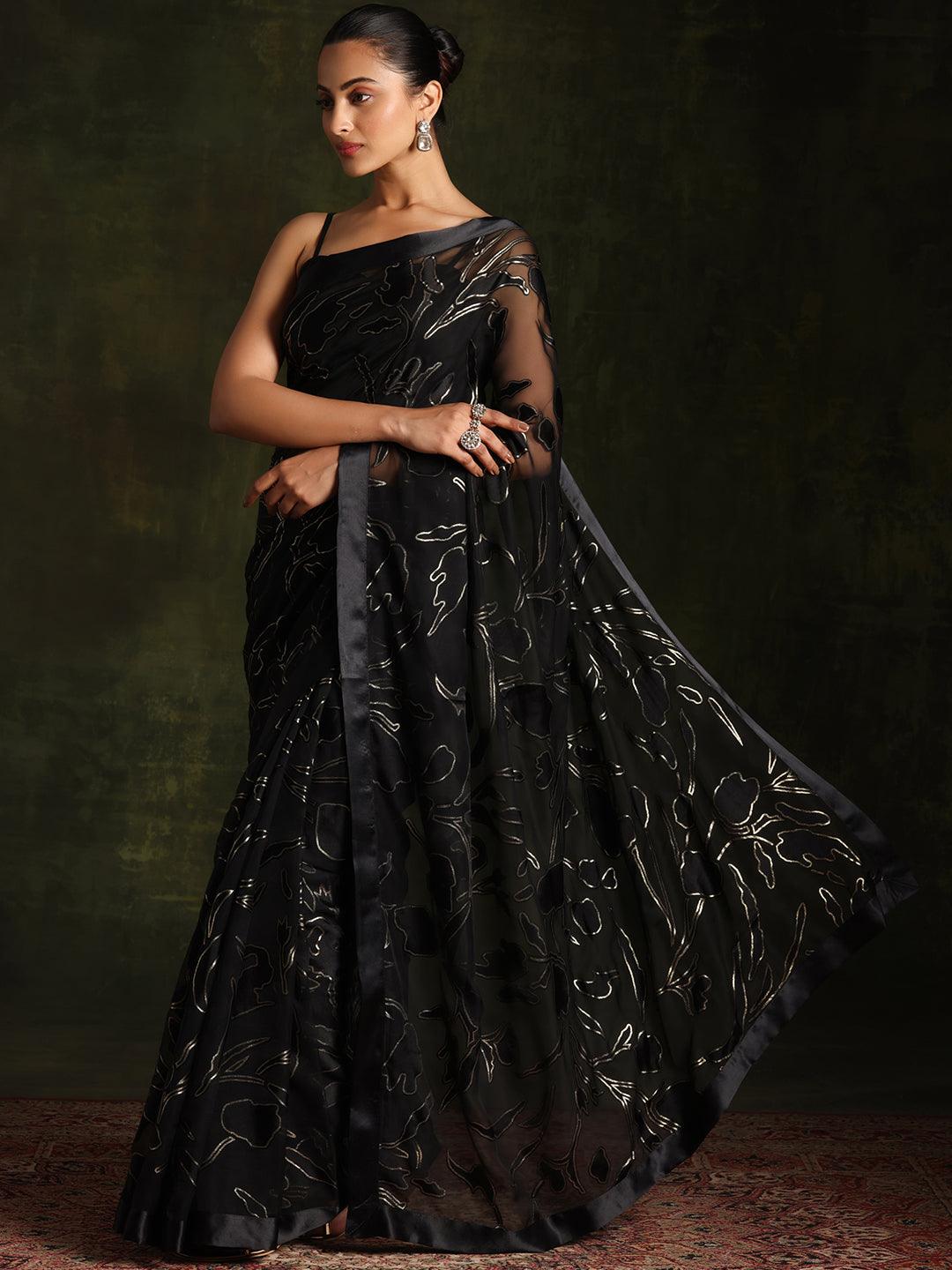 Black Woven Design Brasso Saree With Unstitched Blouse Piece - Jashvi