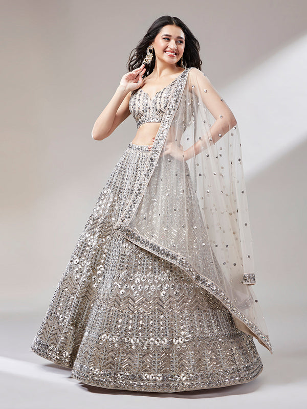 Women's Beige - Net Mirror & Sequins Embroiderey Ready To Wear  Lehenga Choli - Royal Dwells