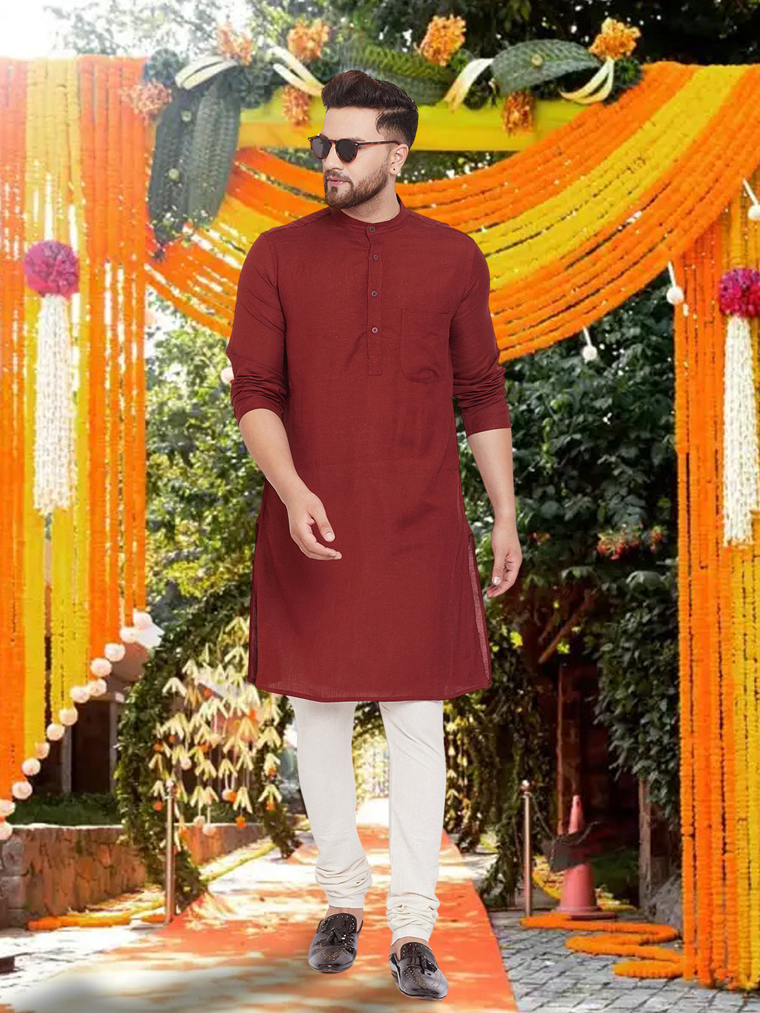 Men's Pure Cotton Maroon Kurta - Even Apparels