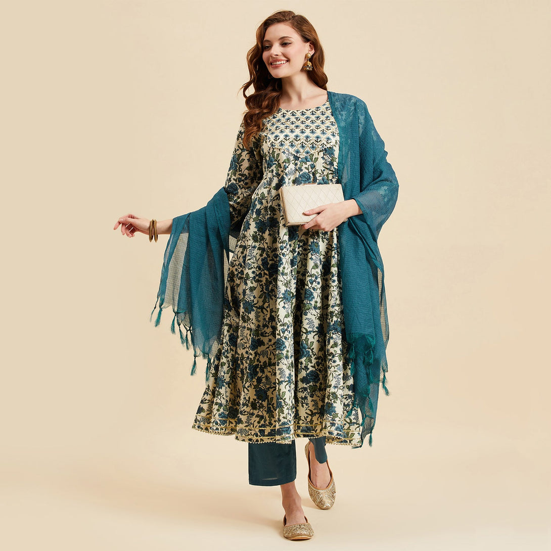 Women's Floral Printed Kurta With Palazzo & Dupatta Set - Azira