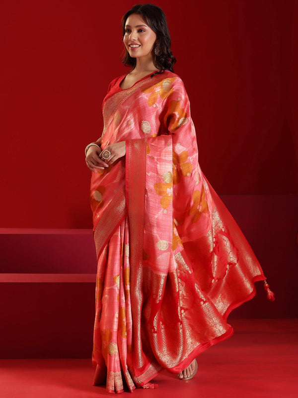 Jashvi Art Peach Printed Satin Saree With Unstitched  Blouse Piece