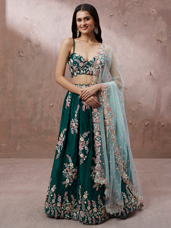 Women's Teal - Pure Georgette Thread & Sequins Work Ready To Wear Lehenga - Royal Dwells