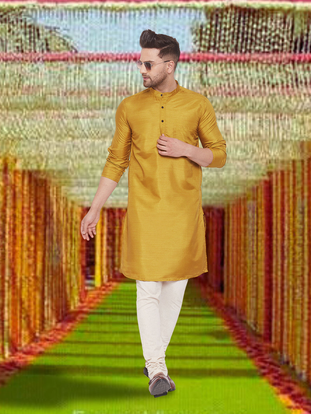 Men's Art Silk Beige Kurta - Even Apparels