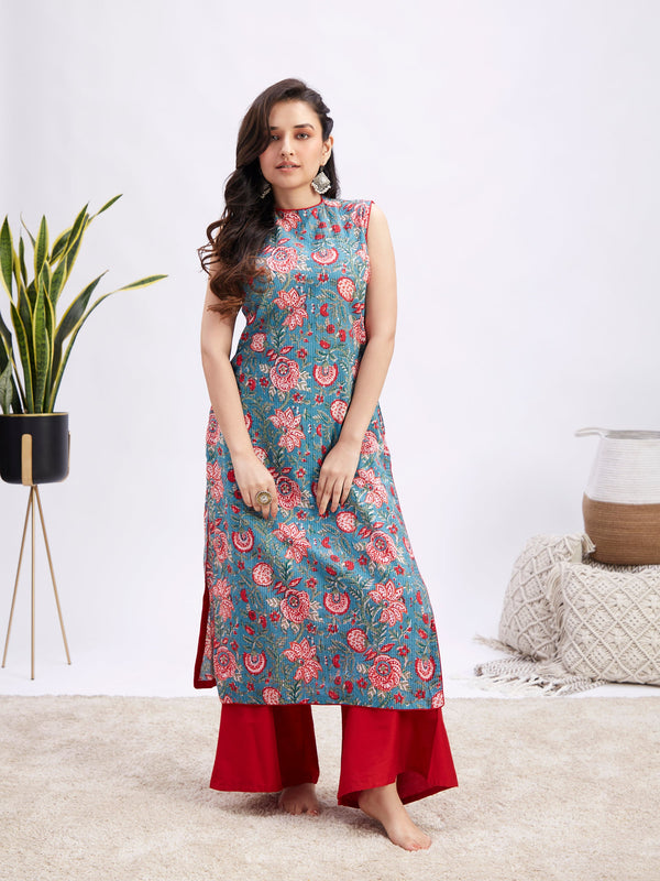 Jashvi Women's Blue And Red Kalamkari Kurta Palazzo Set