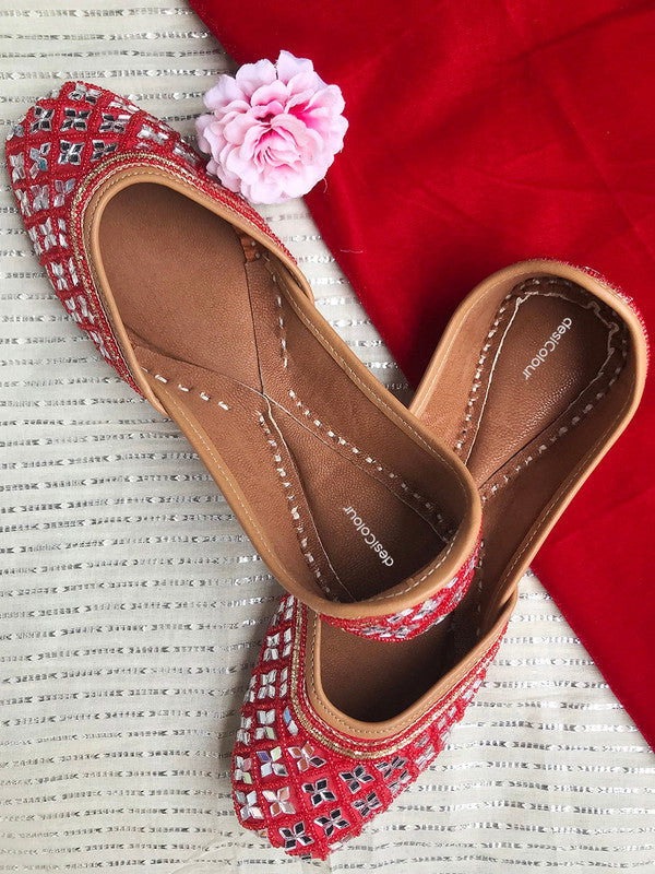 Women's Red Mirror Work Leather Embroidered Indian Handcrafted Ethnic Comfort Footwear - Desi Colour