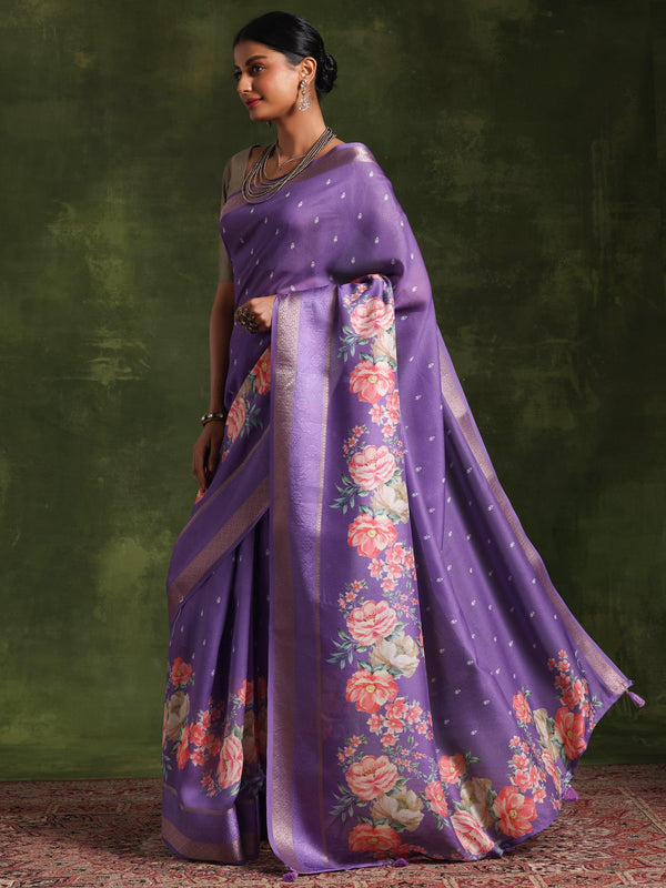 Purple Printed Silk Blend Saree With Unstitched Blouse Piece - Jashvi