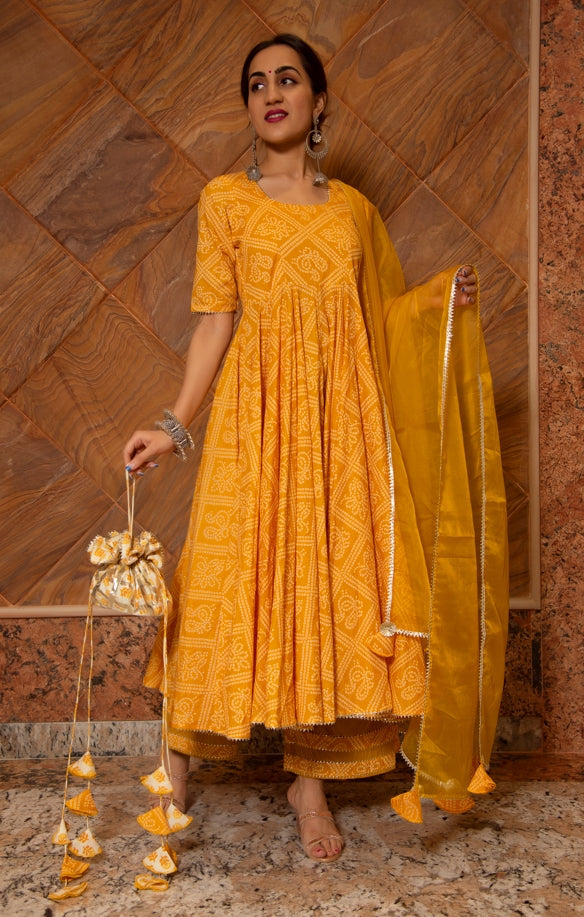 Women's Bandhej Yellow Cotton Anarkali Set - Pomcha Jaipur