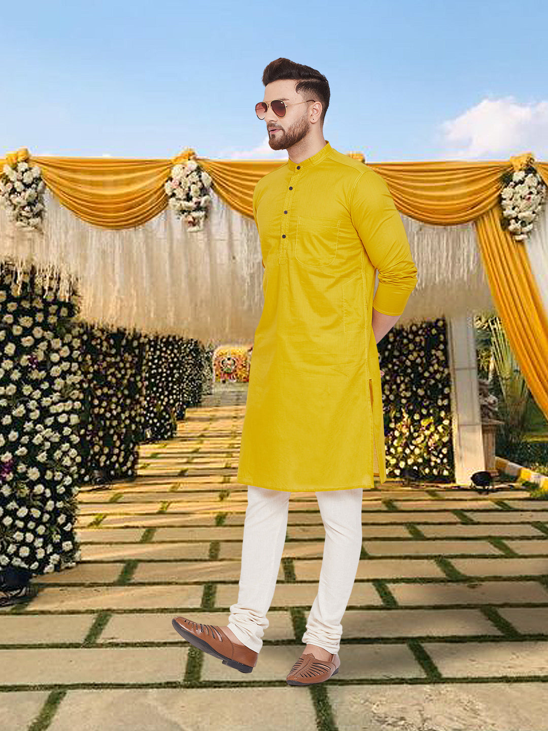 Men's Pure Cotton Yellow Kurta - Even Apparels