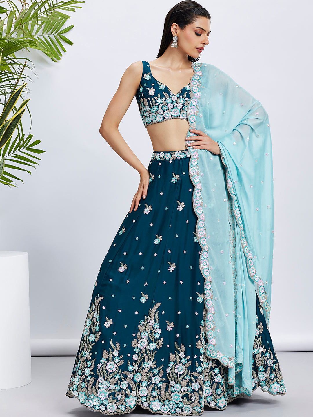 Women's Teal Pure Grorgette Sequins And Thread Embroidery Lehenga Choli & Dupatta - Royal Dwells