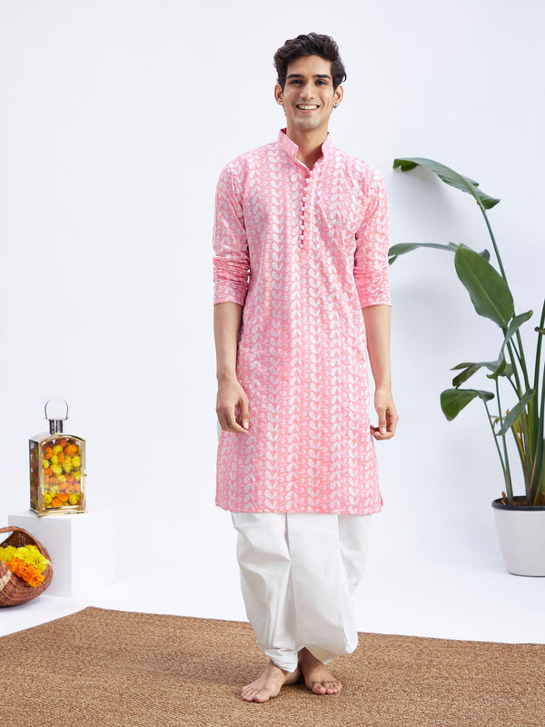 Jashvi Men's Pink Pure Cotton Chikankari Kurta With Dhoti set