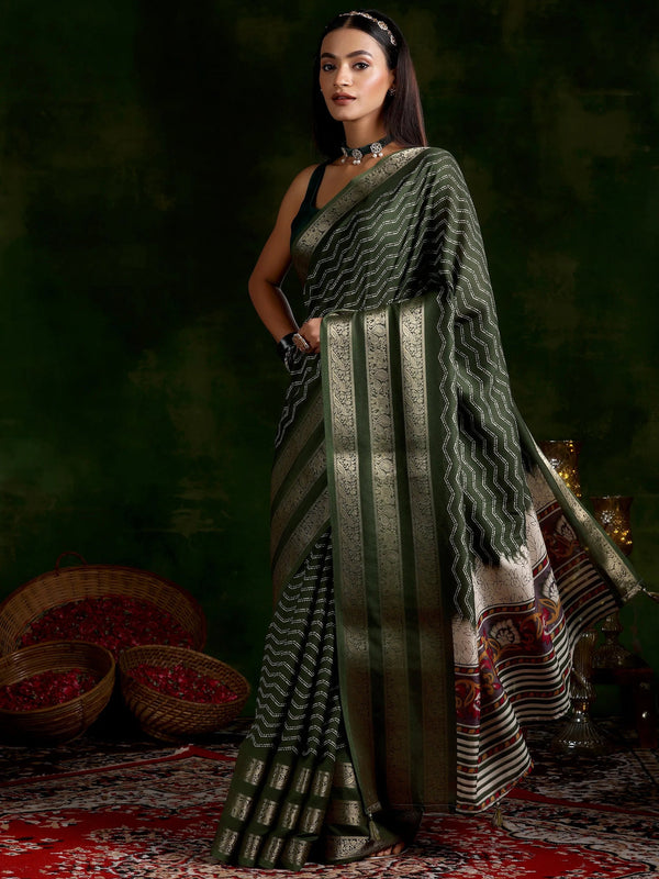 Olive Printed Silk Blend Saree With Unstitched Blouse Piece