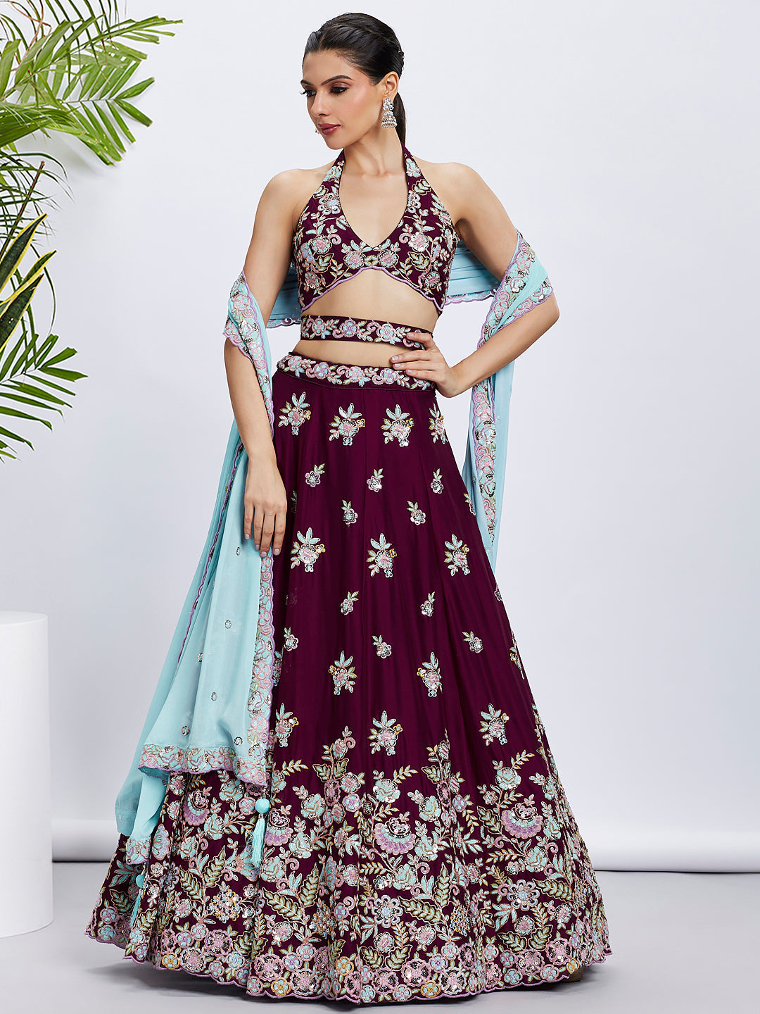 Women's Burgundy Pure Georgette Sequins And Thread Embroidery Lehenga Choli & Dupatta - Royal Dwells