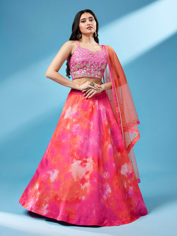 Women's Orange Organza Shibori Printed Semi-Stitched Lehenga Choli & Dupatta - Royal Dwells