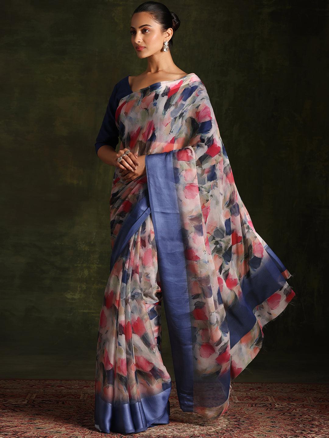 Multicoloured Printed Silk Blend Saree With Unstitched Blouse Piece - Jashvi