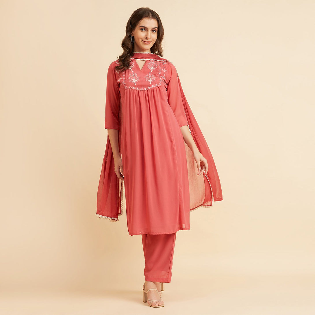 Women's Pink Georgette Straight Calf Length Kurta With Palazzo & Dupatta Set - Azira