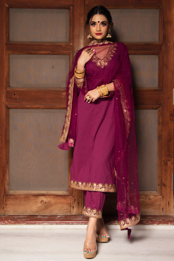 Women's plum cotton straight kurta set - Pomcha Jaipur