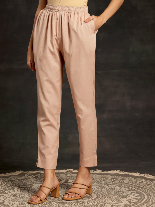 Peach Solid Cotton Straight Fit Trousers - Jashvi