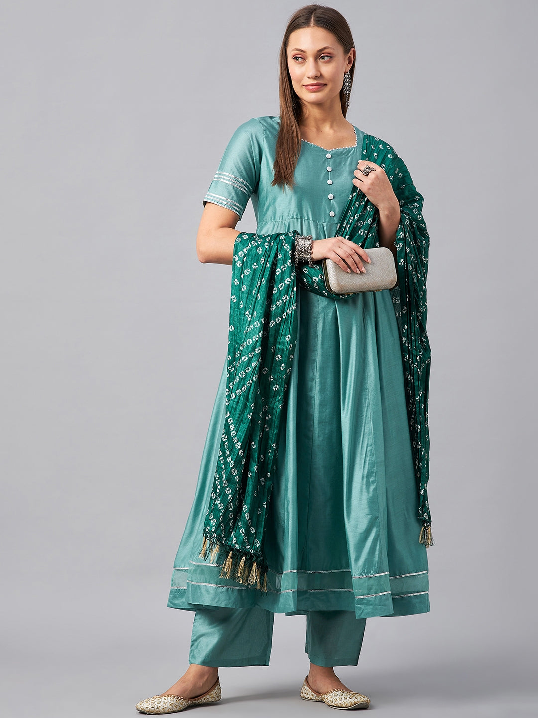 Women's Green Flared Kurta Dupatta Kurta Set - Azira