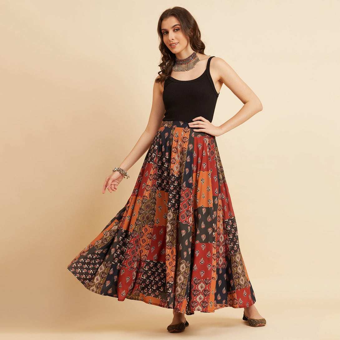 Women's Crepe Printed Flared Maxi Skirt - Azira