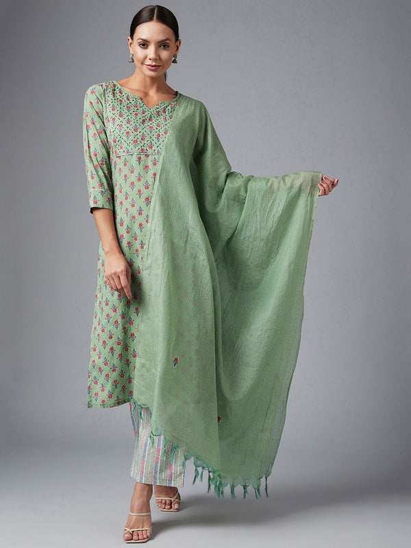 Women's Green Floral Printed Side Slit Straight Kurta Palazzo Set - Azira