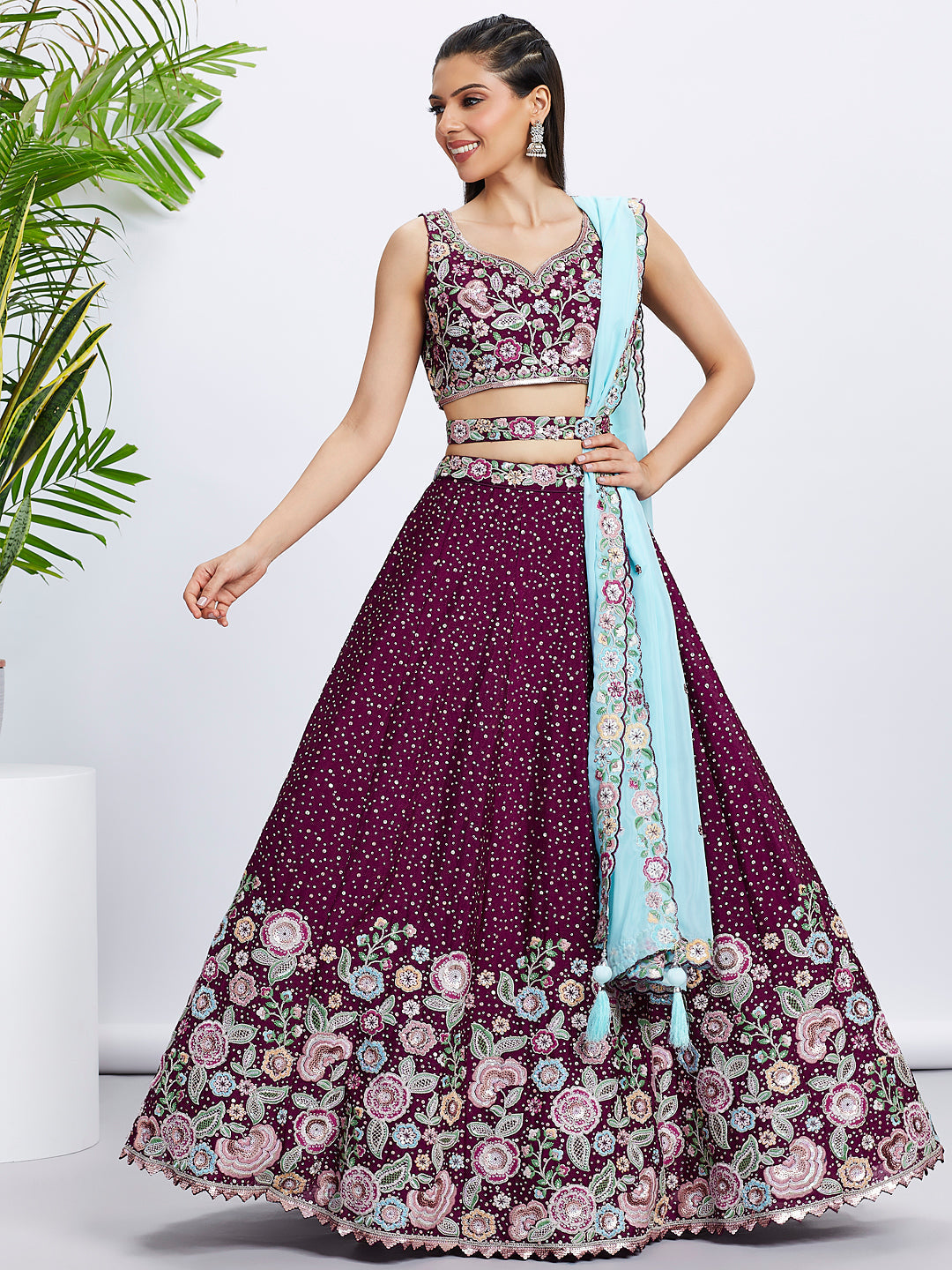 Women's Burgundy Pure Chiffon Sequins And Thread Embroidery Lehenga Choli & Dupatta - Royal Dwells