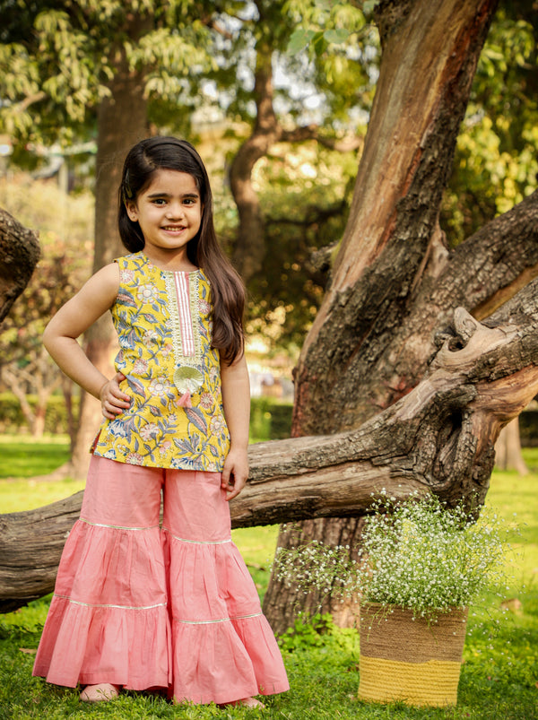 Girl's Yellow Cotton Floral Print Kurta With Sharara Set - Lil Drama