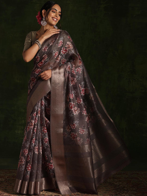 Green Printed Silk Blend Saree With Unstitched Blouse Piece - Jashvi